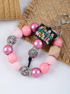 Nurse Themed Beaded Keychain, Handmade Silicone Wristlet, Leopard Print Beads, Anti-Lost Keychain for Medical Staff, Ideal Gift, Floral Pattern Keychain