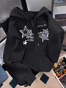 Women's Star Print Hooded Cute Cozy Sweatshirt, Fashion Zipper Drawstring Warm Inner Lining, Casual Loose Fit Long Sleeve Jacket for Fall Winter Clothes, Casual Print Hoodie, Aesthetic Hoodie