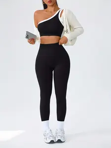 2pcs Women'S workout sets: Color-Block Striped Sports Bra and High-Waisted Butt-Lifting Leggings, Stylish One-Side Camisole Top, Minimalist Versatile Yoga Outfit for Fitness, Running, and Casual Wear
