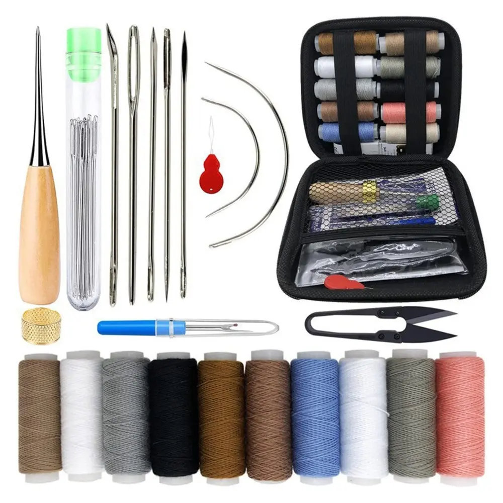 Durable Leather Stitching Kit with Sewing Awl, Multi-Size Needles, Waxed Thread, 10 Color (Pack of 47) - Versatile Heavy-Duty Home Improvement Upholstery Repair Tools for Hand Stitching Car Seats, Sofas, Friends’ & Parents’ Items