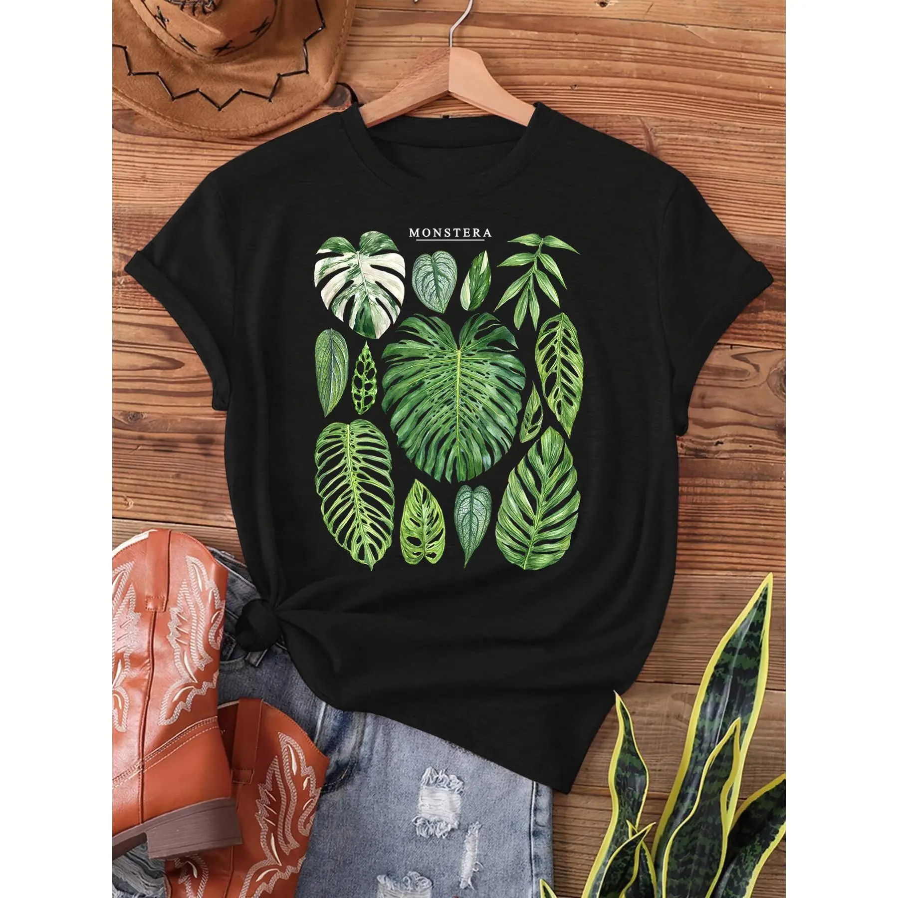Women's Sheer Botanical Stretchy Short-Sleeve Knit T-Shirt - Monstera Leaf Print, Spandex Polyester Blend, Edgy Letter Print, Round Neck, Easy Wash Care, Casual Fit Shirts for Women, Valentines Day Streetwear