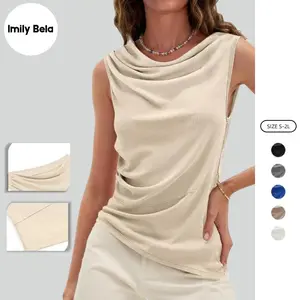 Imily Bela Womens Cowl Neck Tank Tops 2026 Summer Off The Shoulder Asymmetrical Ruched Tops Going Out Sleeveless Shirts