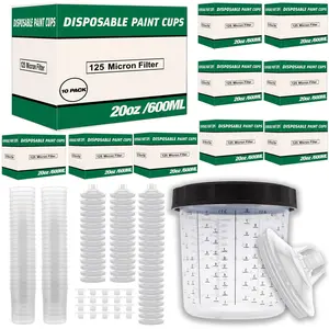Value Pack 10 Boxes - Disposable Spray Gun Paint Cups Liners and Lid Kit - Each Box Includes: 50 Cup Liners, 50 Lids with 125 Mic, 1 Hard Cup with Retainer Ring and 20 Plugs (10 Boxes of 600ml/20oz)