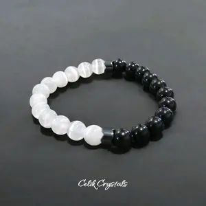 Selenite and Black Tourmaline Bracelet - Natural High Quality Stones 8mm Unisex Stretches