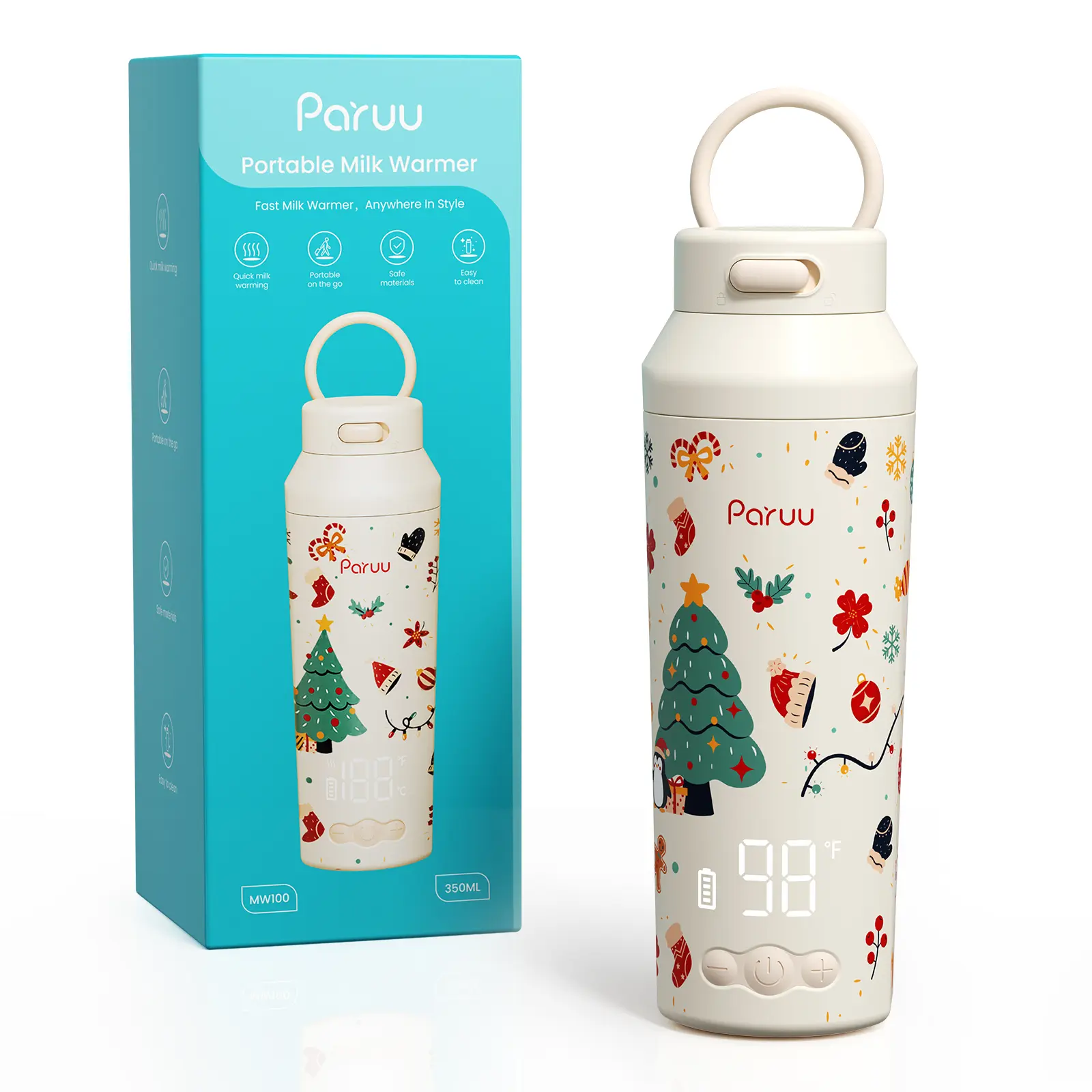 PARUU Portable Bottle Warmer, 12oz Fast Heat Battery Powered for Travel, Food-Grade Christmas Edition with 7 Temp Settings & Hooks, Wide Mouth, 7 Temperature Settings, Ergonomic Shape, Festival, Celsius/Fahrenheit