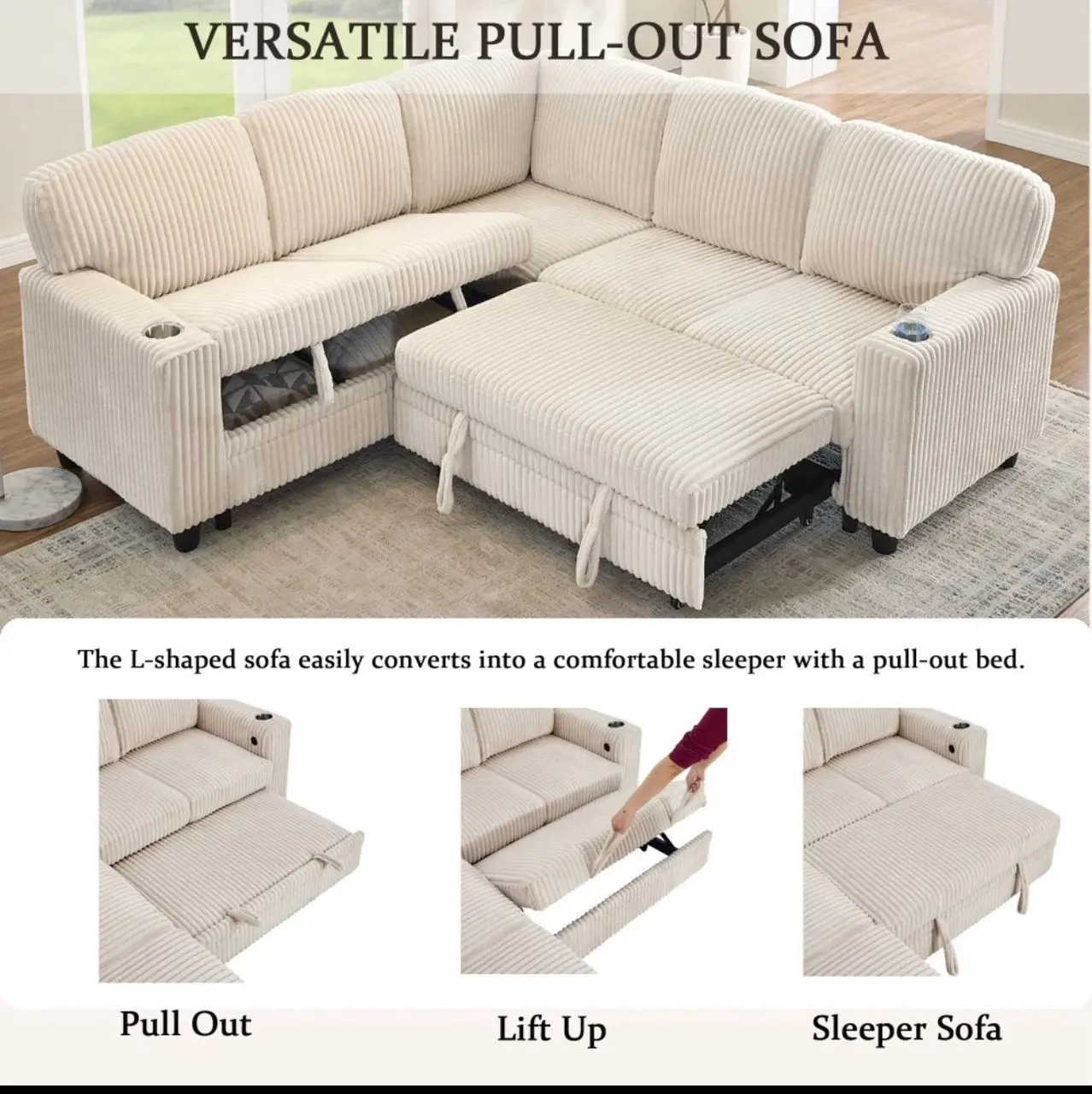5-Seater L-Shaped Sleeper Sofa Bed with Storage & USB Ports, Beige