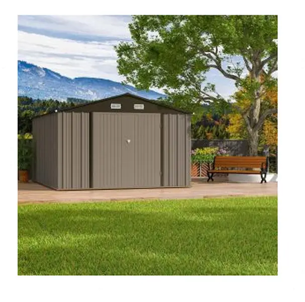 GARVEE 10x12 ft Large Brown Metal Storage Shed, Sturdy Metal Frame, Lockable Door for Garden, Backyard Home Improvement Storage