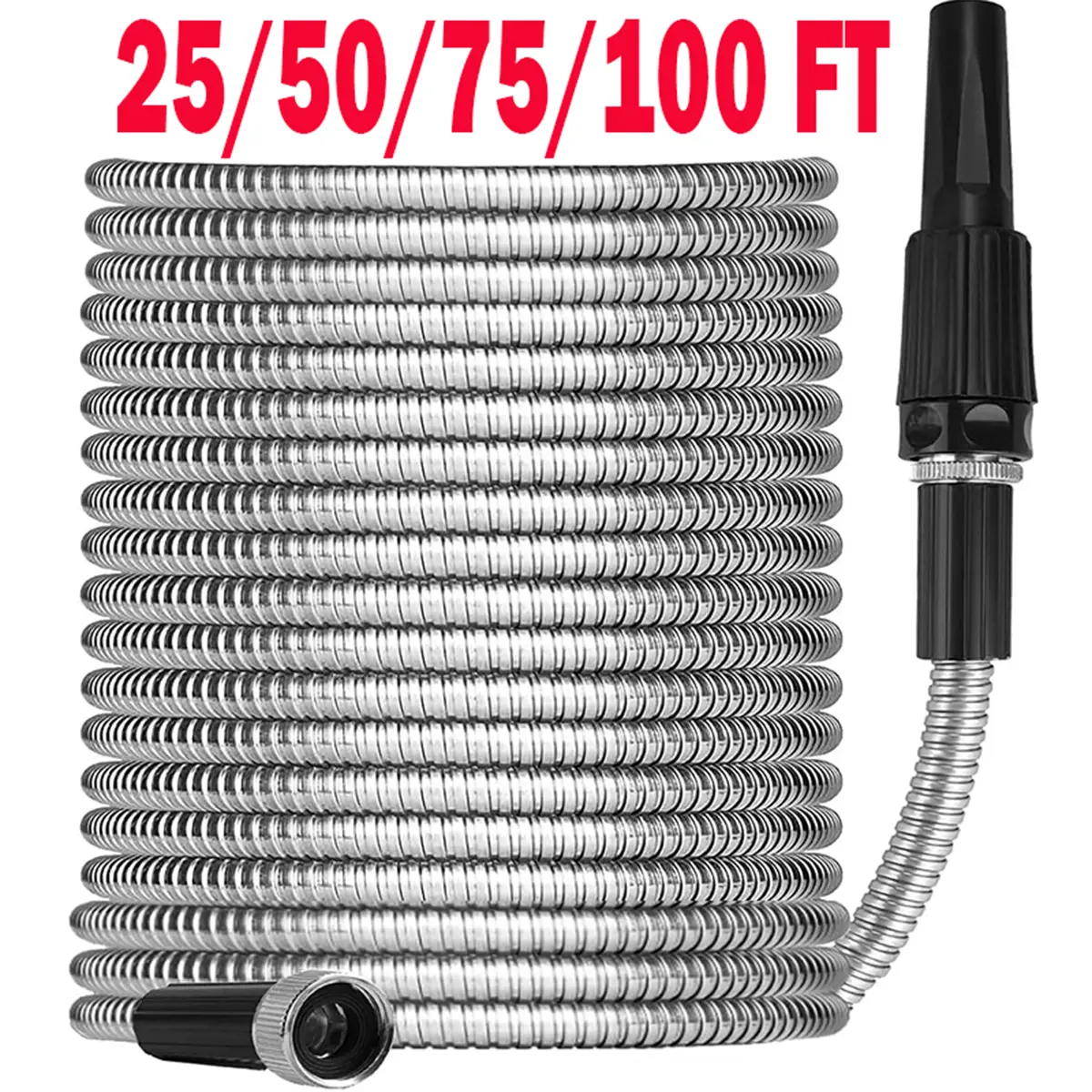 Metallic 304 Stainless Steel Kink-Free Flexible Garden Watering Hose with 6-Spray-Function High Pressure Sprayer Nozzle, 14mm (0.6") Diameter, 25FT/50FT/75FT/100FT Lengths, Durable for Home Improvement & Garden Use, Spray Nozzle, Outdoor