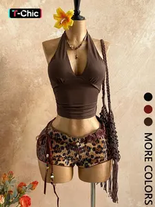 Women's Leopard Sequin Halter Deep V Backless Crop Top and High Waist Bodycon Shorts Two Piece Set Y2K Boho Glam Festival Vacation Beach Night Out Spring Summer 2026