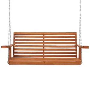 5.5 FT Outdoor Wooden Porch Swing, Farmhouse Patio Bench with Cup Holders & Hanging Chains, 800 LBS Heavy-Duty 3-Seater Swing Chair for Garden, Deck & Backyard