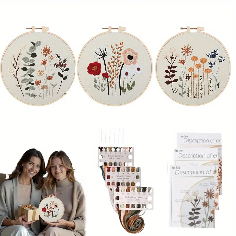 3 Sets Embroidery Kit, Cross Stitch Kits for Beginners, Needlepoint Kits for Adults with Easy Floral Pattern Hand Crafts, Hoop, Needle, Mothers Day Gifts