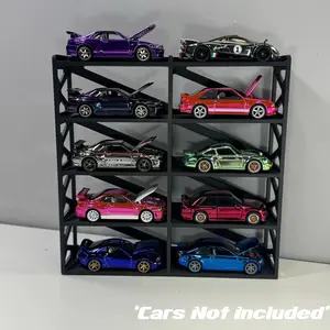 V2 Hotwheel 10 Car Display Stand Industrial Design w Hidden Wall Mount Hook Hole Hanging Shelf Storage Diorama Diecast Model Car 1/64 1:64 Organiser Racks Hangable