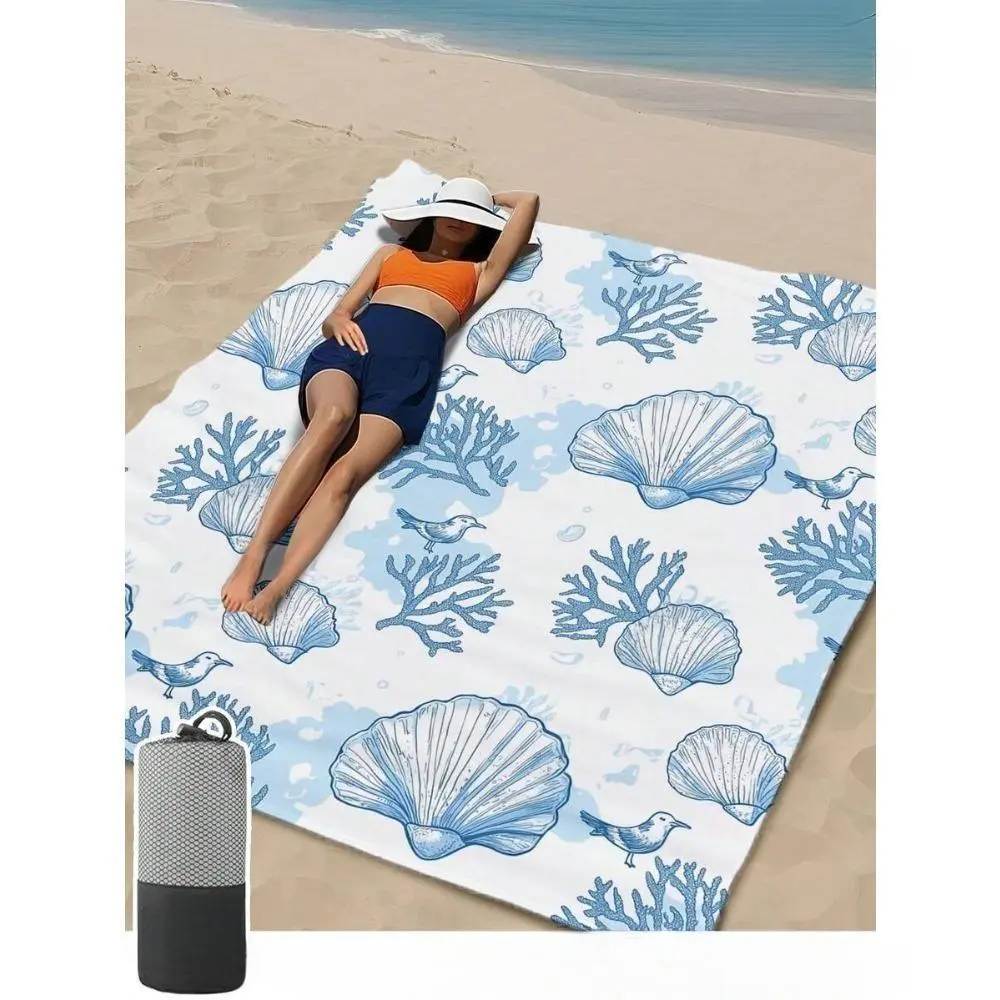 Coastal Seashell Print Microfiber Beach Towel - Quick-Dry, Absorbent Towel with Storage Bag, Ideal for Beach Trips, Poolside Use, Quick-Dry Beach Towels, Absorbency Beach Towels