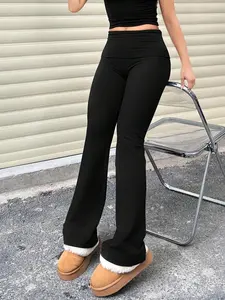 Women's Solid Fold Over Waist Flare Leg Pants, Casual Comfy Basic Bootcut Trousers for Spring & Fall, Women's Bottoms for Daily Wear, Airport Outfit, Womenswear