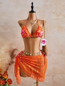 Women's New Floral Print Lace Trim Bikini Set, Floral Bikini Top, Sweet Summer Vacation Style Beachwear, Three-Piece Swimsuit for Holiday