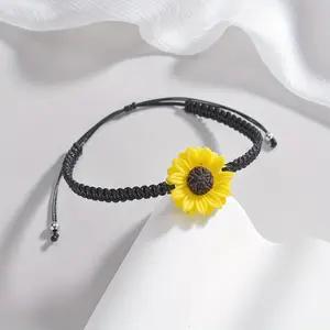 Women's Adjustable Boho Anklets - Fabric-Woven Resin Sunflower Design, Fashion Costume Jewelry Accessory