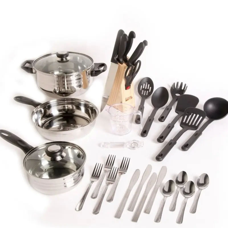 Gibson All U Need Stainless Steel 32-Piece Total Kitchen Combo Cookware Set - Stainless Steel Pots and Pans Set with Varied Sizes Round Pots, Lid