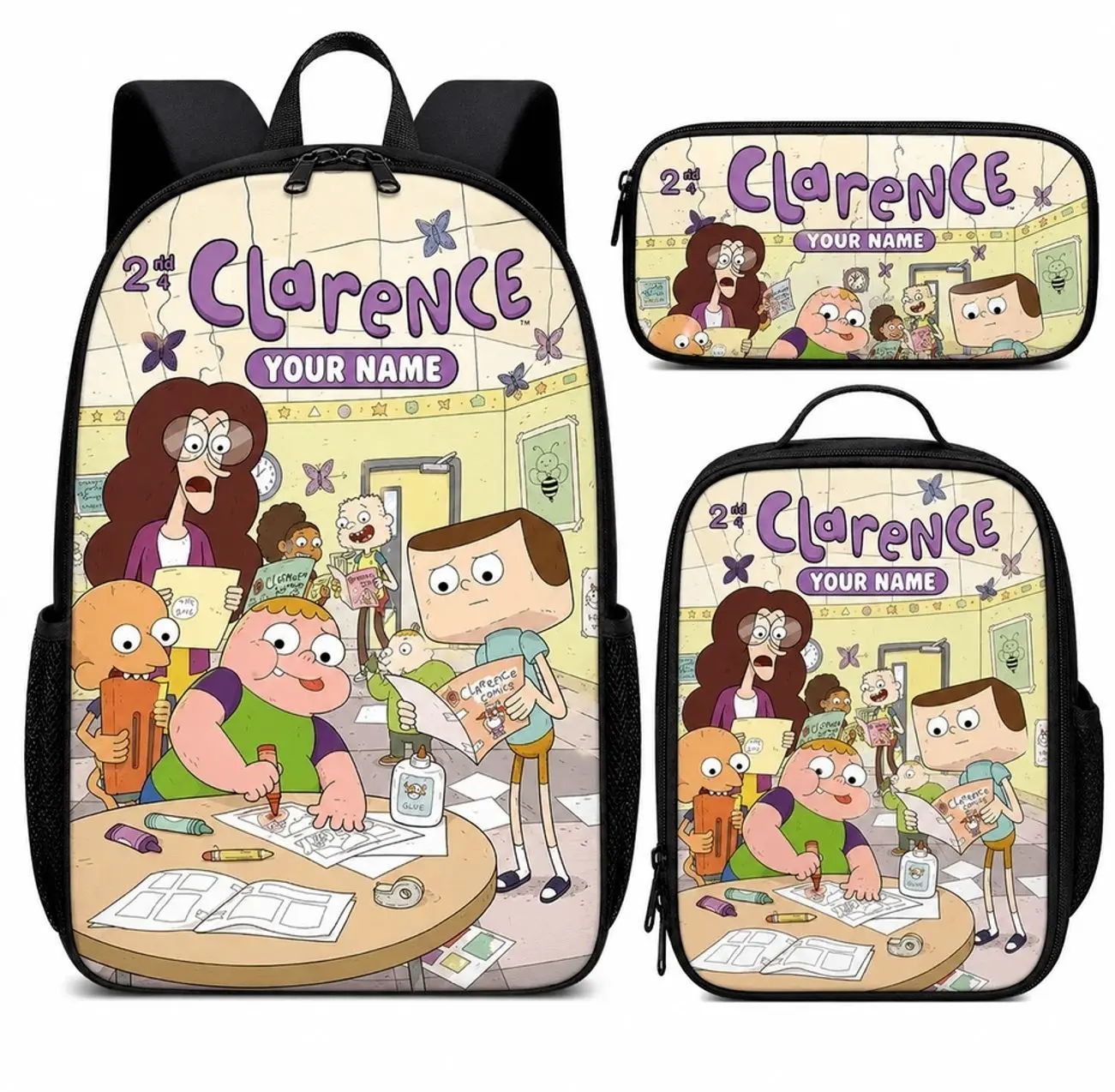 Custom Name Cheerful Cartoon Boy Backpack Set | Personalized 3Pcs Schoolbag Lunch Bag Pencil Case | Gift for Kids