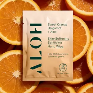 ALŌH Hand Sanitizer Wipe Sachet Sweet Orange Bergamot + Aloe Vera —  Natural, Skin-Softening, 99.9% Germ Protection, Hydrating, Scented with Pure Essential Oils, Leaping Bunny Certified, Hydrating
