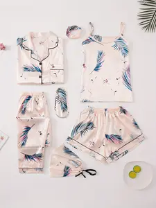 7pcs Set Cure Floral Print Silk Satin Soft Red Pink Eye Mask Headscarf Storage Bag Cami Top Short Bottom Set Pjs Luxury Pijama PjS Pajamas Pants Sleepwear For Women  Loungewear Comfort Homewear Comfort Fabric Casual     Woven