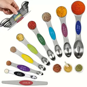 Stainless Steel Magnetic Measuring Spoons Set with Strong Magnets, Heavy Duty Metal Kitchen Essentials - Fits in Most Kitchen Spice Jars, Multicolor, Set of 9 with Leveler