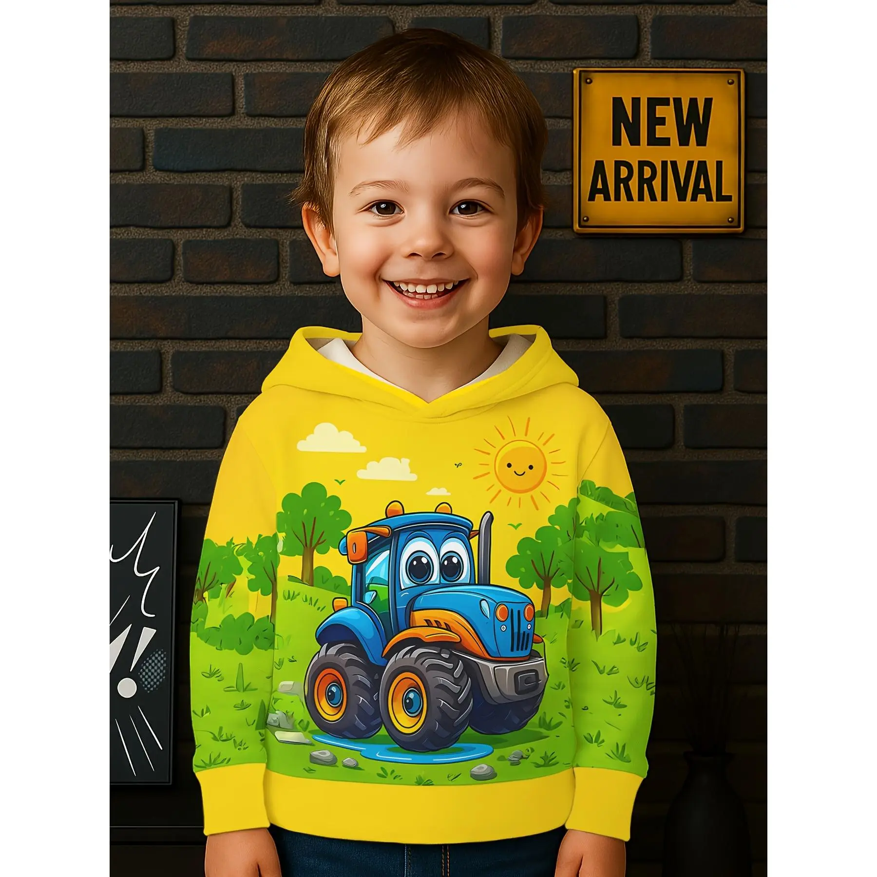 (New) Boys' Polyester Long Sleeve Cute Hoodies - 1-8Y (Incl.7-8Y) Toddler Safe Pocketless Pullover, 3-4Y/4-5Y/5-6Y All Over 3D Graphic Farm Tractor Sunny Field Cartoon, Fall Winter Wear, Birthday Gift Kids Fashion Top, 3D Print