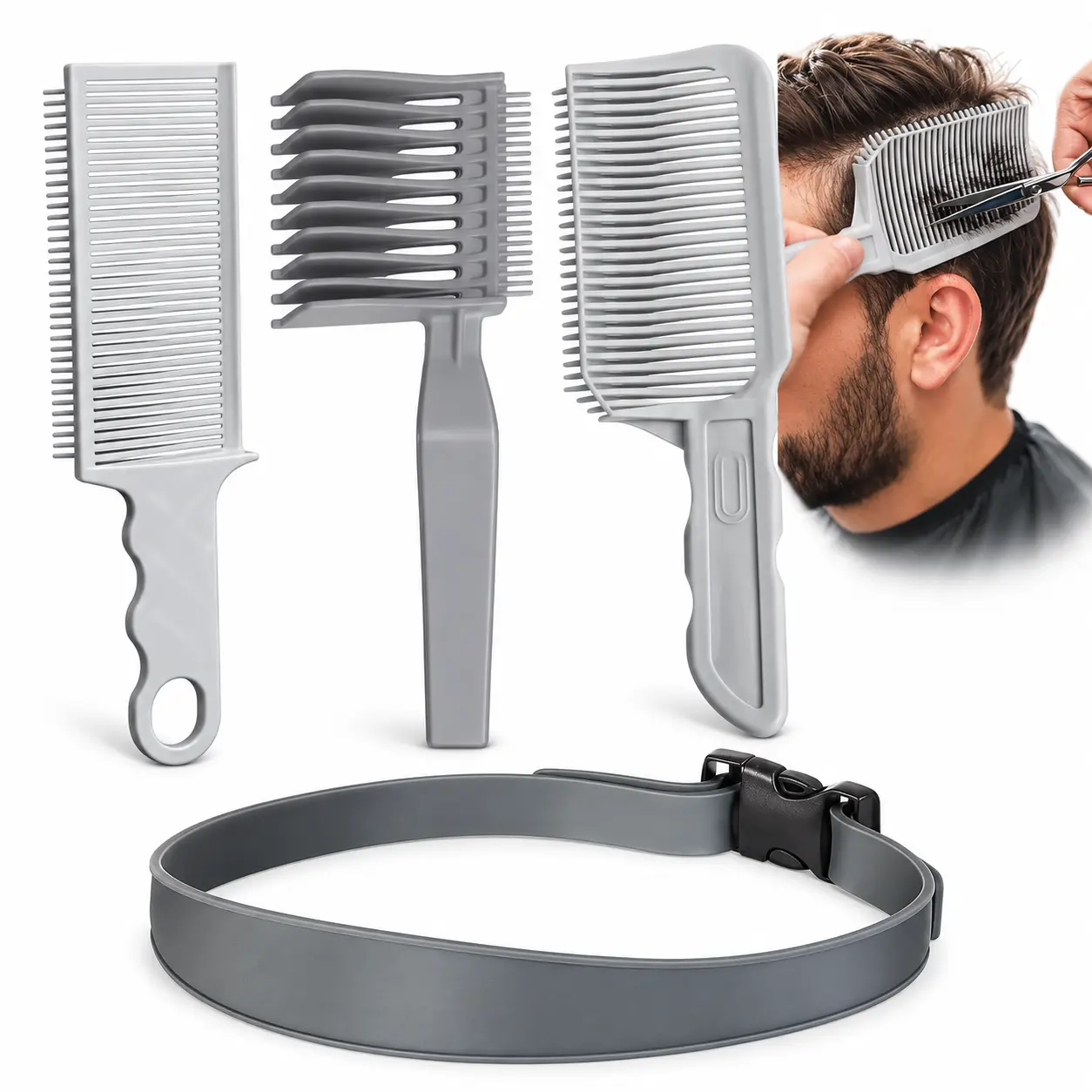 4PCS Professional Barber Fade Comb Set - Gray Flat Top Clipper Combs, Styling Guides, Hair Cutting Band - Haircare Blending & Trimming Tools for Men, Home Barber Accessories