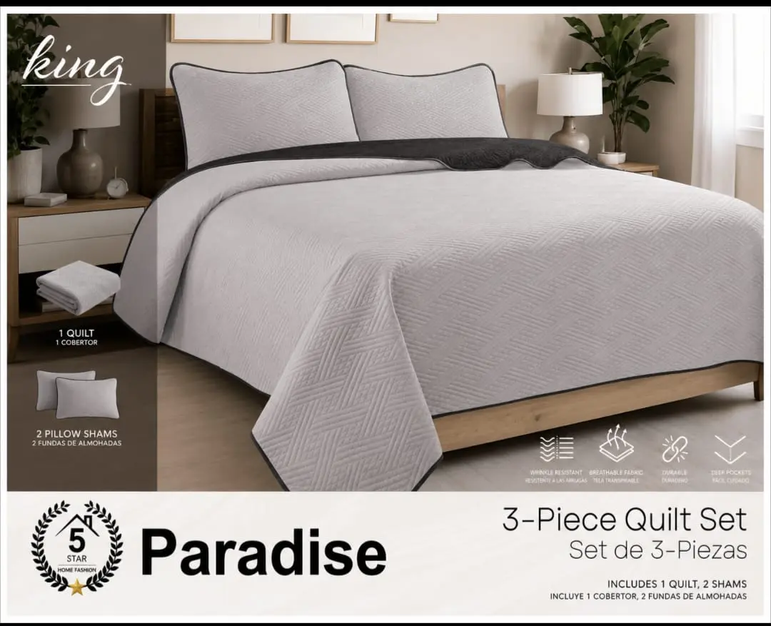 Paradise 3-Piece Reversible Quilted Bedspread Set – Light Gray & Charcoal Gray Quilt with 2 Matching Pillow Shams