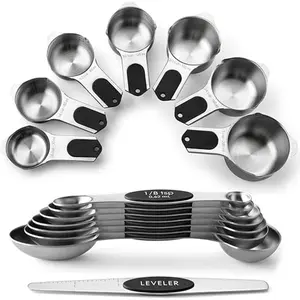 Professional Grade 15-Piece Magnetic Measuring Cups & Spoons Set | Heavy Duty Stainless Steel N45 Magnets with Leveler | Commercial Kitchen Gadgets Kitchen Accessories Kitchen Supplies Kitchenware