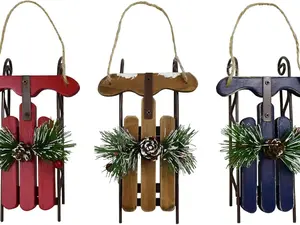 Wood Sleigh Decor Rustic Christmas Hanging Ornament, Decorative Sled Hanging Christmas Sled Decoration with Metal Base Wall Art Decor Sled Xmas Hanging Decoration Holiday Decor