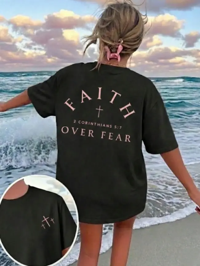Women's 100% Cotton Comfortable Fashion Lady T-Shirt, Dual-Side Print Pink Faith Over Fear 2 Corinthians 5:7 Cross Minimal Christian Text Art, Summer Cool Inspirational Daily Outfit Piece, Tshirt, Top, Elegant, Casual, Minimalist, Crew Neck, Tee, Round Ne