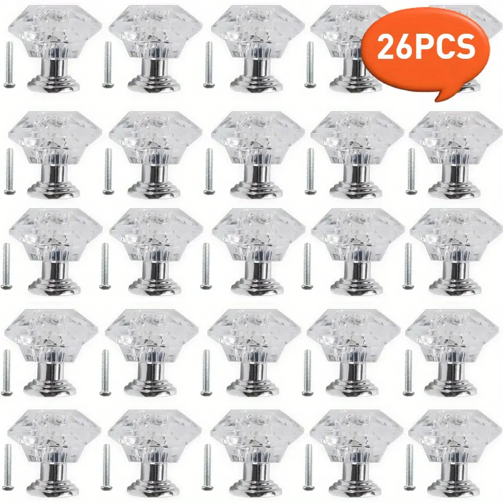 26pcs Strong Crystal Knobs, Clear Crystal Drawer Knobs, 24mm Diamond-Shaped Acrylic Cabinet Knobs Pulls for Kitchen Dresser Drawer and Cupboard, Decorating Bedroom, Living Room, Office, Kitchen Cabinets