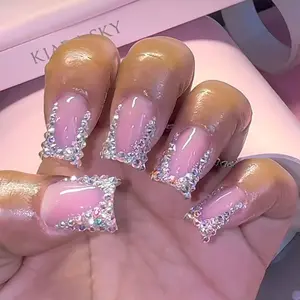 Short Square Rhinestone Nail Tips, 24 Pcs Shiny False Nails Set, Fake Nails Kit, Includes Nail File & Jelly Glue, Easy Press-On Manicure, DIY Beauty Tool, Nail Art Supply