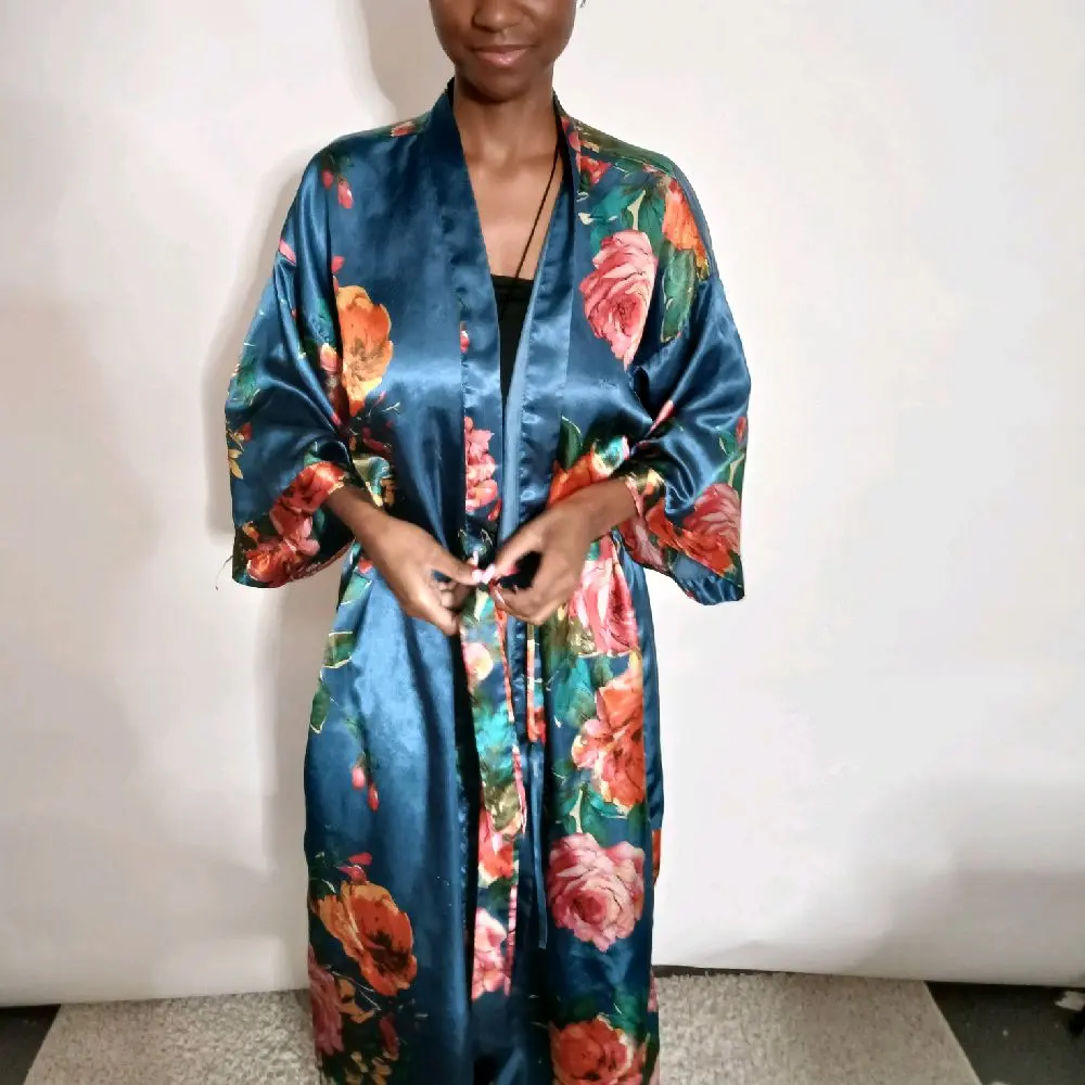 Elegant, blue, floral satin robe.