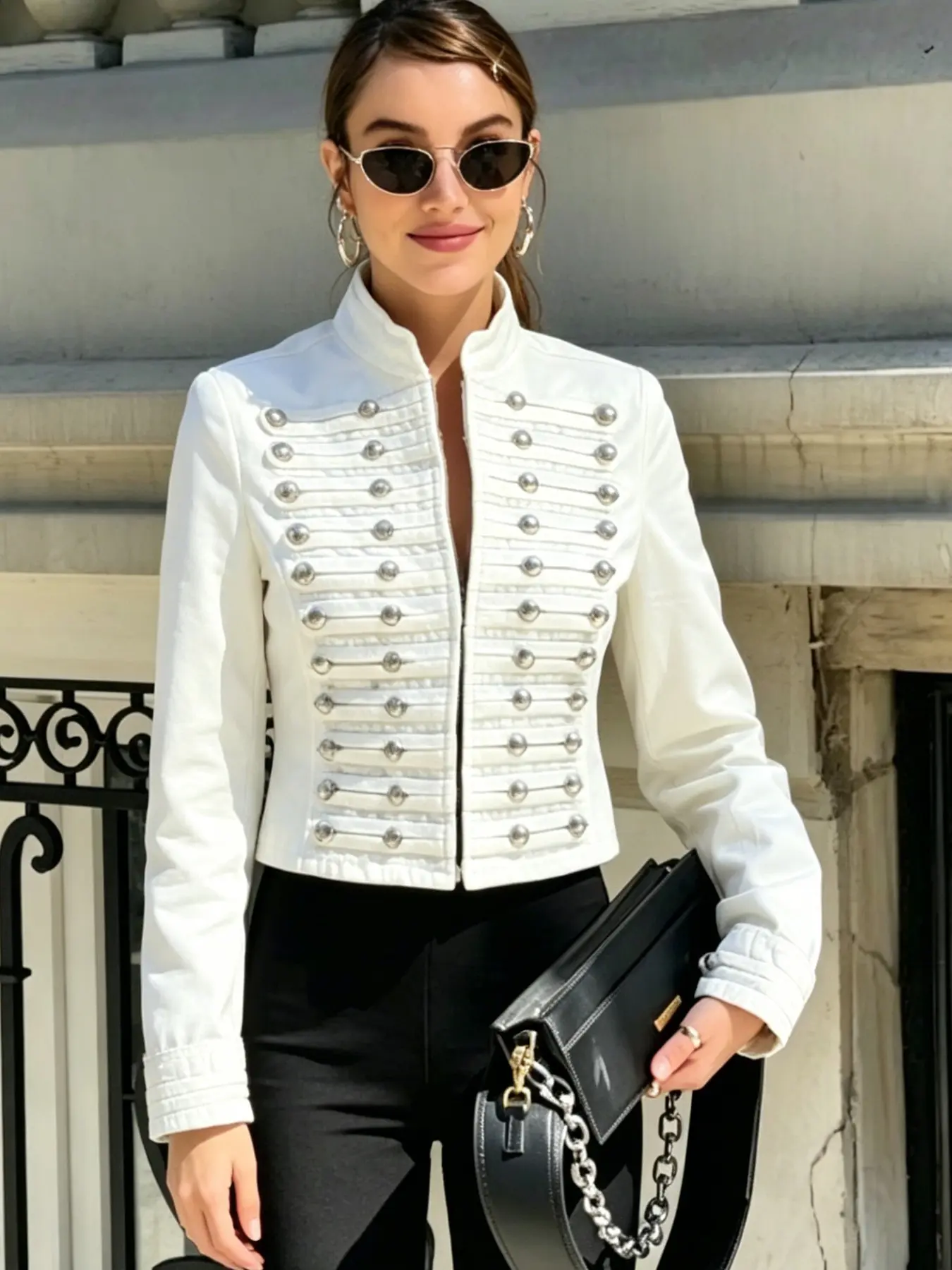 Double Breasted Button Women's Denim Jacket Fitted Long Sleeve Tops Cropped Jeans Jacket Woman Streetwear Blue White Military Jacket Outerwear European Style Cowboy Jacket Fashionable Jacket