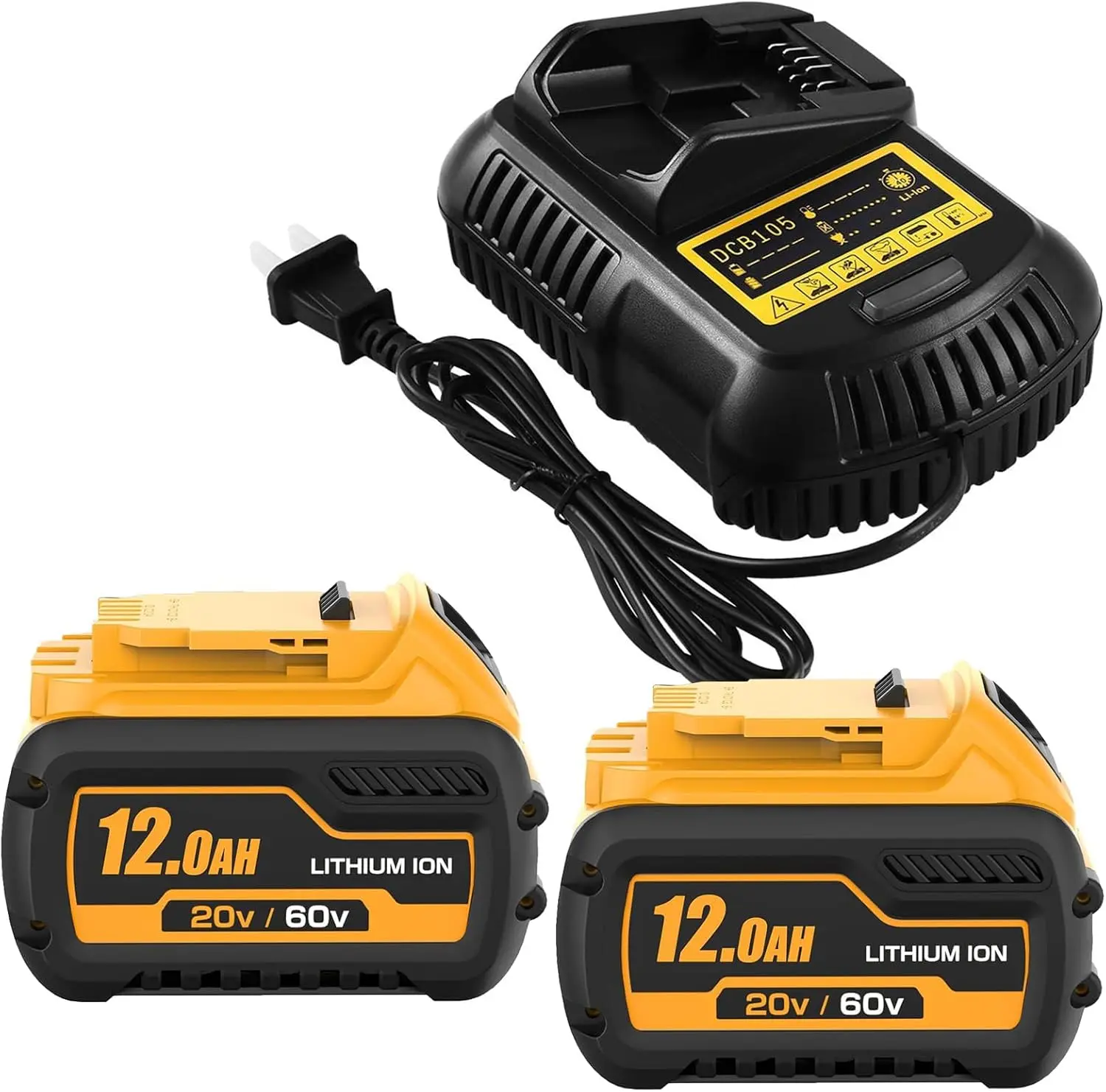 2-Pack 60V 12000mAh DCB609 Replacement Lithium-Ion Batteries & DCB105 Charger, Compatible with Dewalt 20V/60V Max Flexvolt DCB606 DCB612 DCB200  DCB206 Cordless Power Tools, High-Capacity Long-Lasting