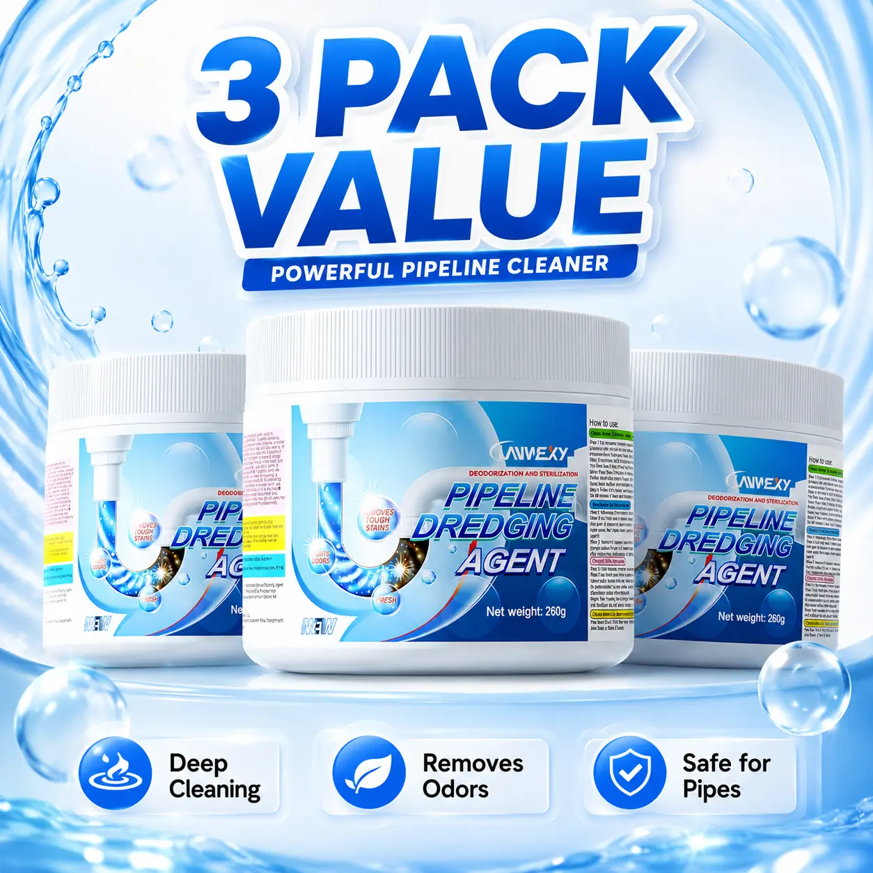 LAWEXY Pipeline Dredging Agent 3-Pack Value 260g Each Drain-Cleaning Powder for Kitchen & Bathroom Odor Control and Buildup Removal