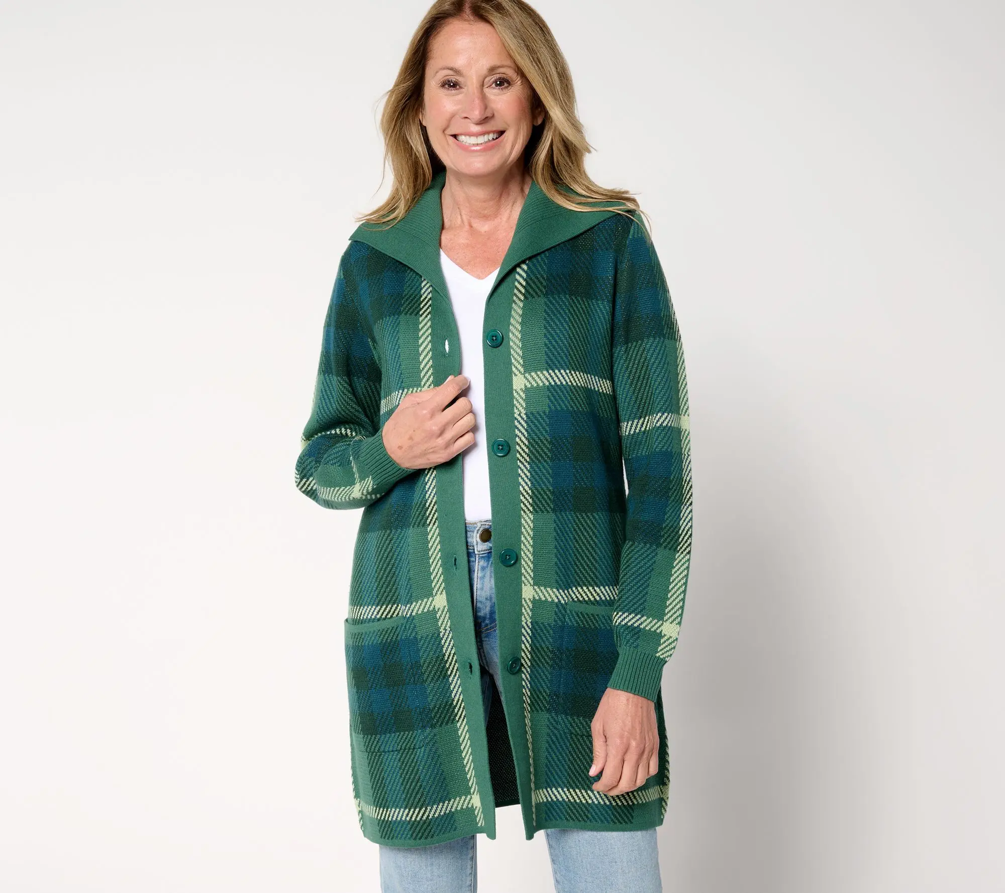 Denim & Co. Petite Button Front Sweater Tunic Cardigan