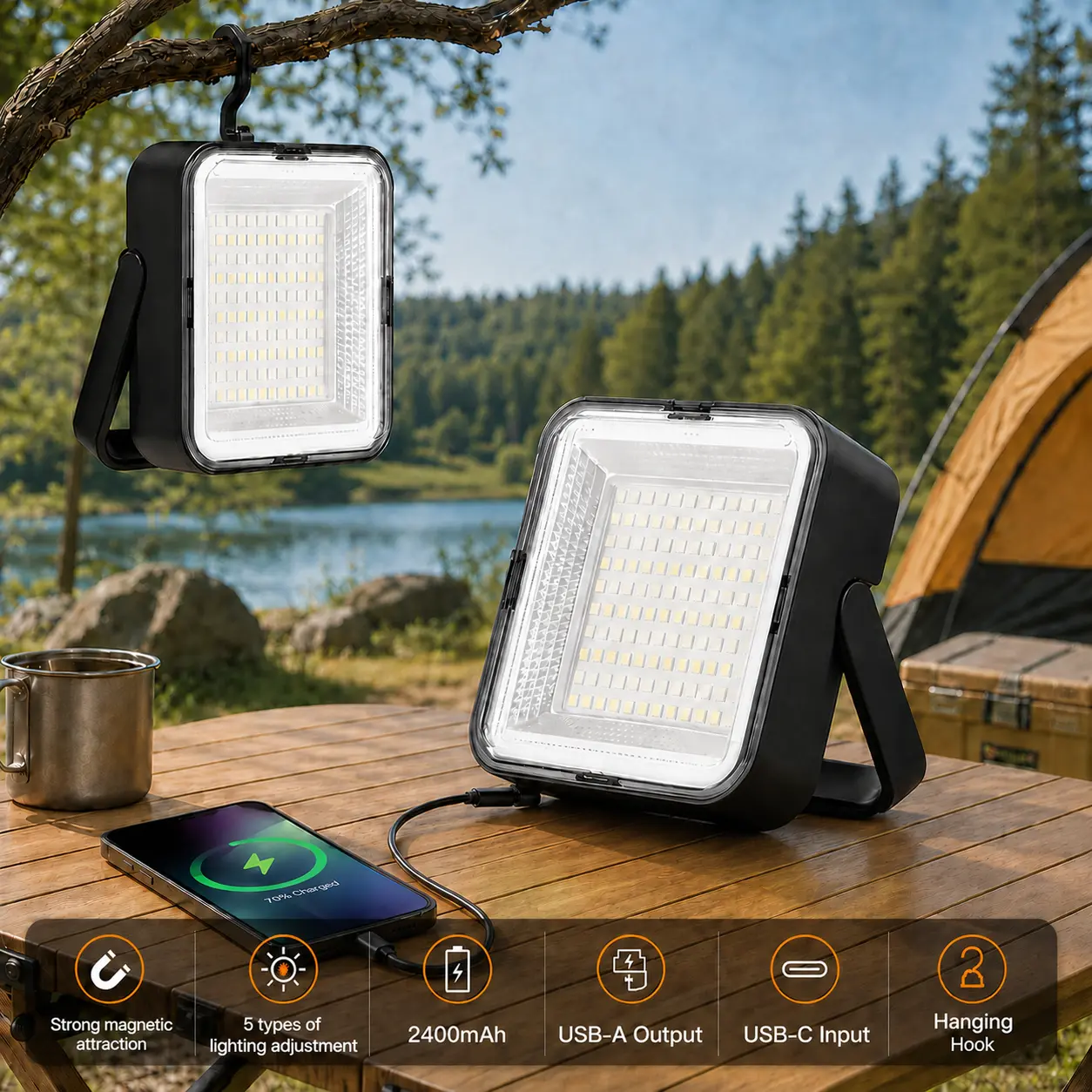 【Father's Day Gift】120 LED Mini Solar Waterproof USB Camping Lights High Lumen Flashlight for Emergency Phone Charging Adjustable Tactical Flashlight