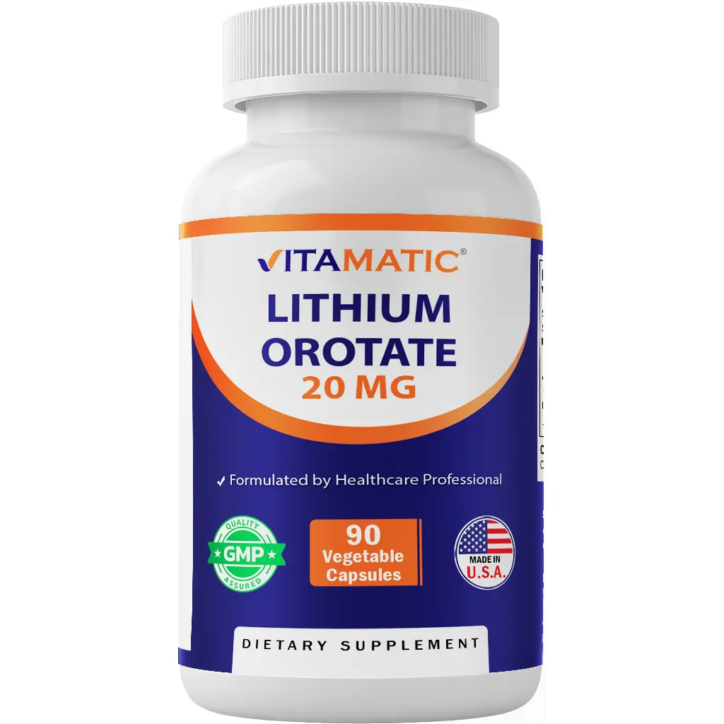 Vitamatic Edible Lithium Orotate 20mg Veggie Capsules (90 Capsules, 24 Months Shelf Life) - US-Made, Easy to Swallow, GMO-Free, Gluten-Dairy-Free, Magnesium-Infused Healthcare Daily Dietary Supplement