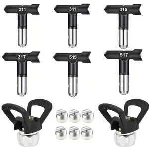 8-piece airless sprayer accessory set, including 6 swivel nozzles (211, 311, 315, 317, 515, 517) and 2 nozzle guards, suitable for precision automotive and wall painting.