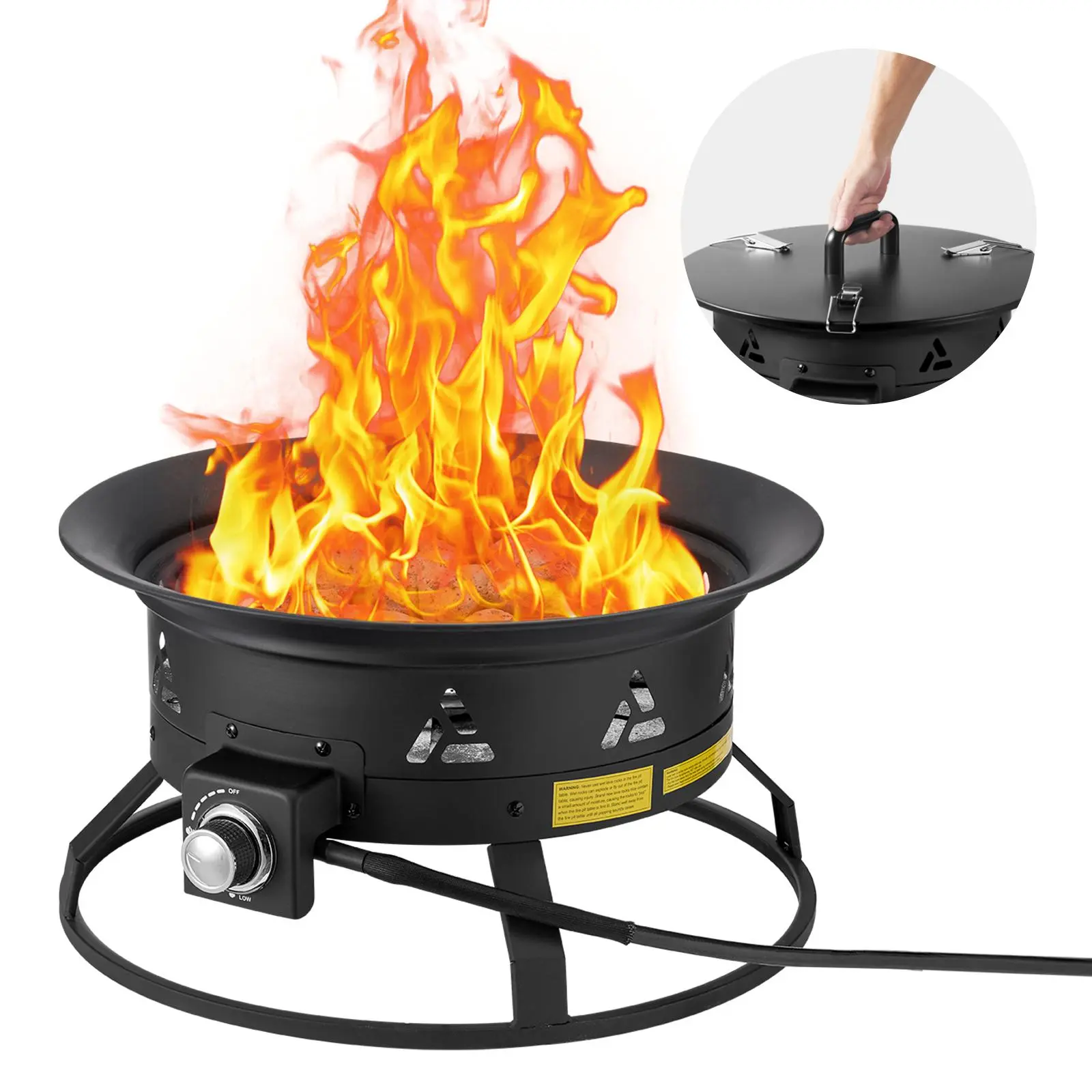 【BackToSchool】VEVOR 24-Inch Smokeless Propane Fire Pit Set, Stainless Steel Freestanding Portable Outdoor Fireplace, 58000 BTU Adjustable Flame, with Lid, Lava Rocks & 0.57-Inch Gas Line Connector, Black (Father's Day Gift for Heating, RV Trips), Smokeles