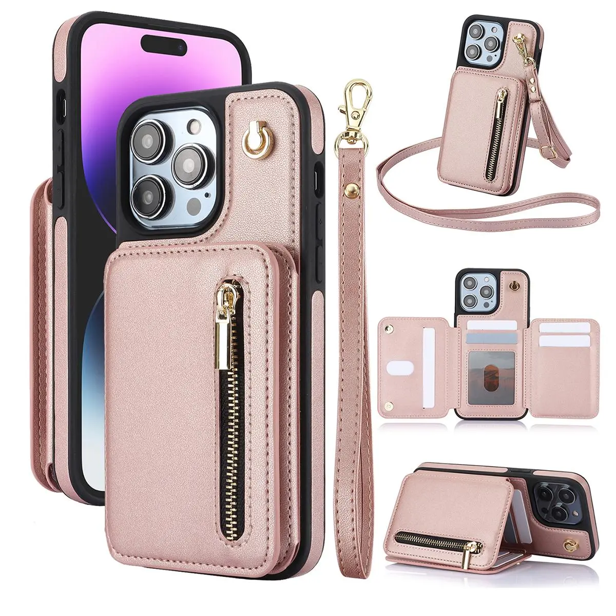 Luxury Leather RFID Blocking Protective Smartphone Cover for iPhone 17 Pro Max,16,15,14,13,12,11 - Shockproof Handheld Case with Crossbody Lanyard, Wristband, Flip Stand, Screen Protector, Card & Cash Storage (Mother's Day Gift)