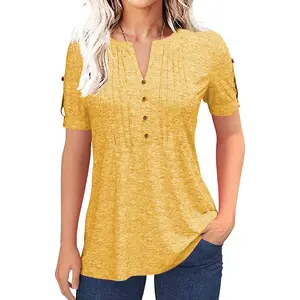 Tankaneo Women's Zipper Summer Pleated Button Short Sleeve T-Shirt Summer V-Neck Solid Color Casual top
