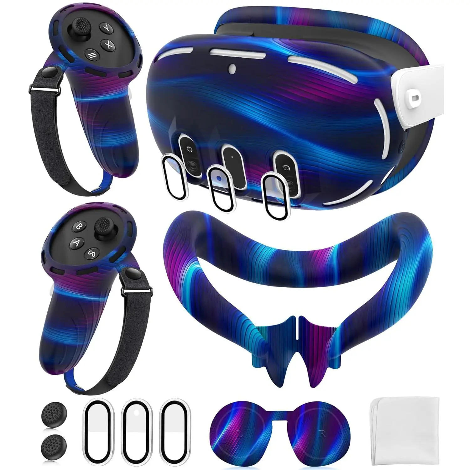 Cover Set Compatible with Oculus/Meta Quest 3, Touch Controller Grips Cover, VR Shell Cover, Facial Interface Cover, Protective Lens Cover, Tempered Glass Lens Caps (Aurora Blue)