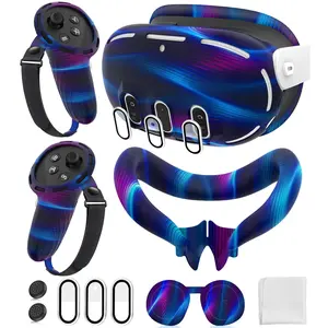 Cover Set Compatible with Oculus/Meta Quest 3, Touch Controller Grips Cover, VR Shell Cover, Facial Interface Cover, Protective Lens Cover, Tempered Glass Lens Caps (Aurora Blue)