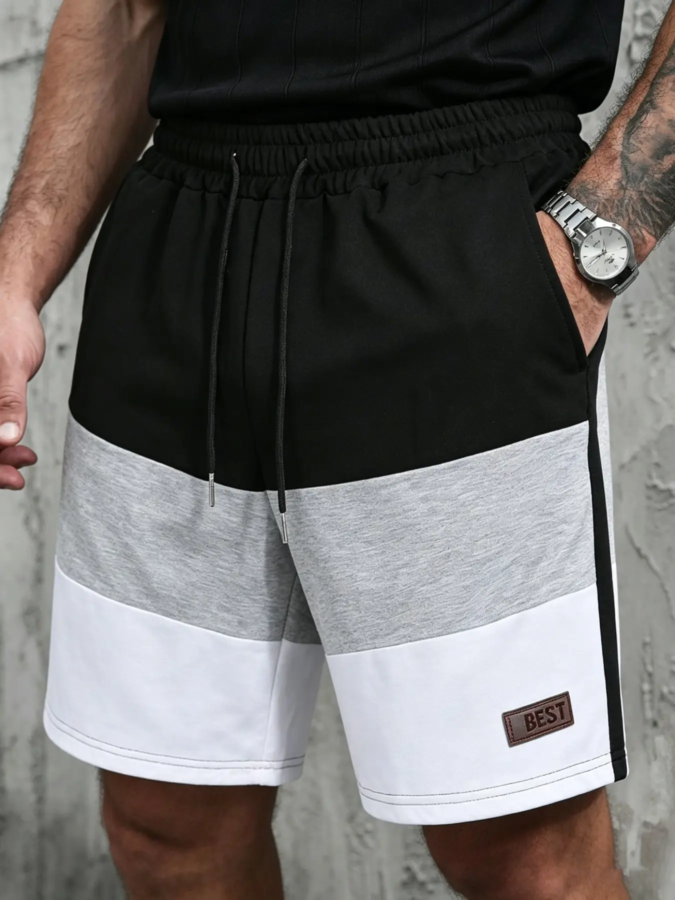 Men's Plus Size Color Block Patchwork Drawstring Casual Sweat Shorts, Casual Sporty Shorts, Athleisure Street Shorts, Breathable Soft Contrast Color Athletic Shorts for Summer Daily Wear & Streetwear