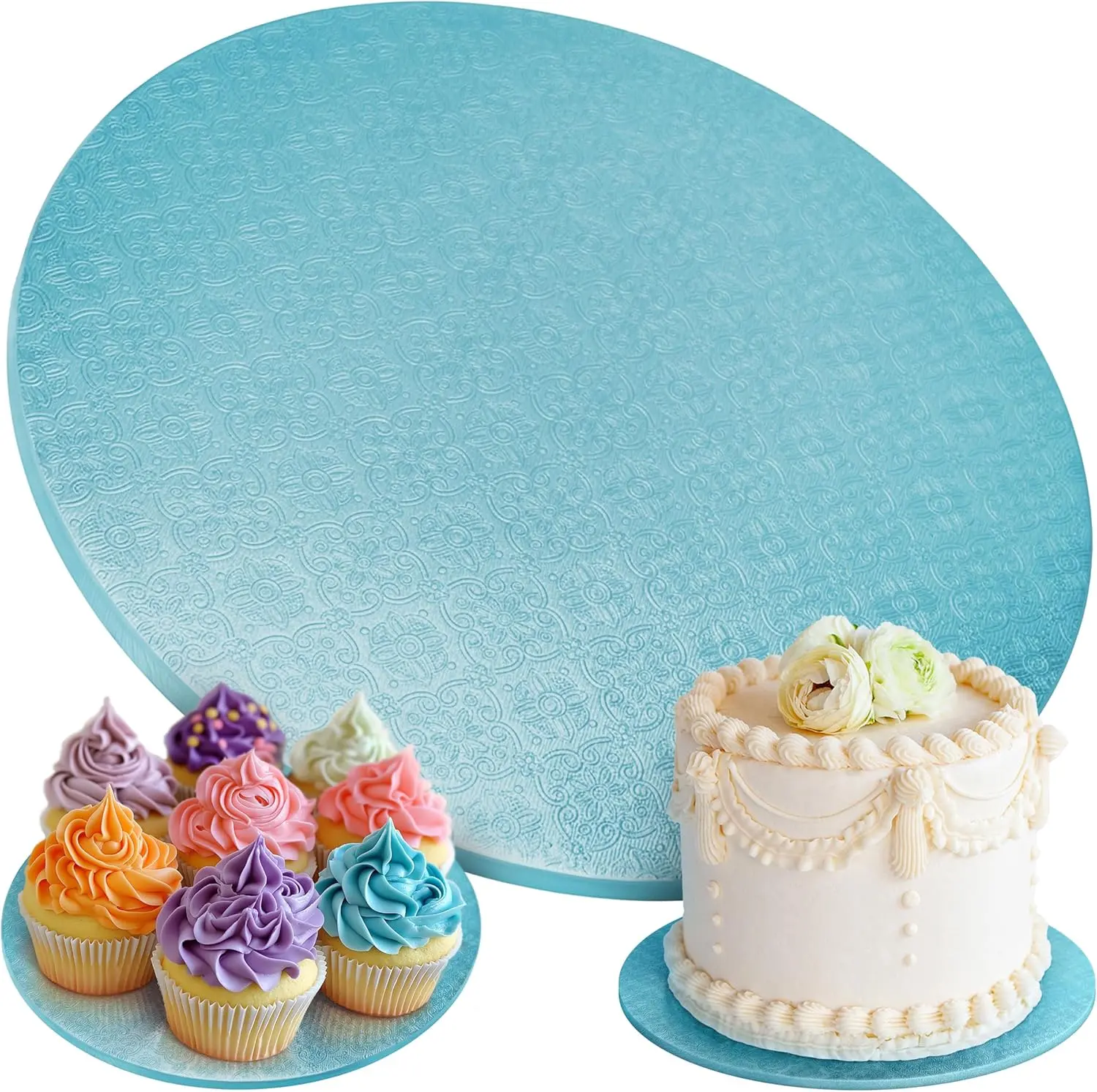 PixiPy 12" Diameter Round Cake Boards (4 Pieces, Boxed Set) - Heavy-Duty Cardboard Drums, Elegant Patterns, Fully Wrapped Smooth Borders, Greaseproof Lightweight Baking Base for Celebration, Wedding Decoration & Display