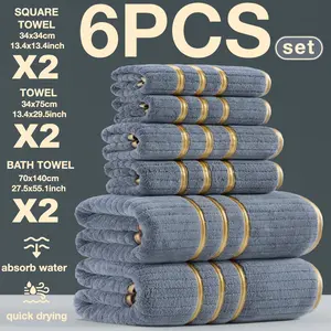 6-Piece Bath Towel Set, Modern Luxury Trim, Quick-Dry Super Absorbent Microfiber, Suitable for Home Camping Hotel School Community Factory