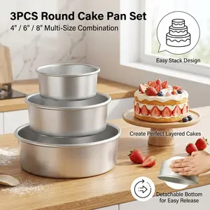 Aluminum Cake Pan Set, 4/6/8 Inch Non-Stick Round Baking Molds, Dishwasher Safe, Oven & Freezer Friendly, Detachable Bottom